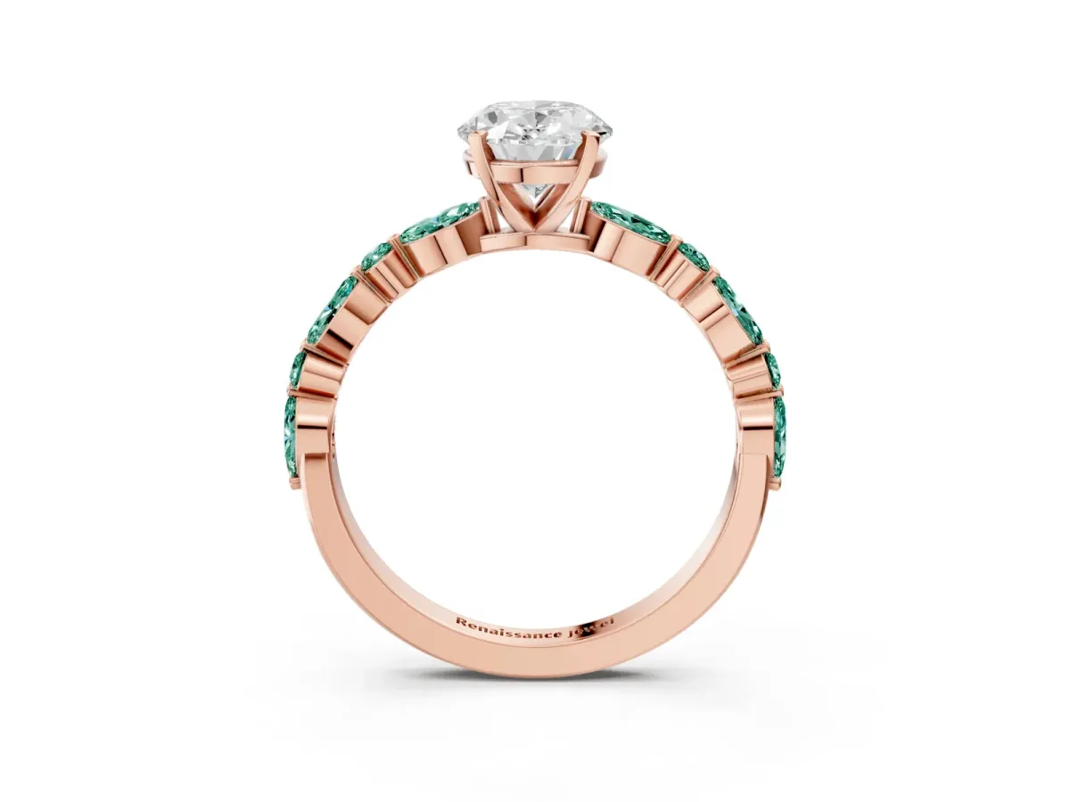 Oval Cut Diamond Ring with Marquise and Round Green Sapphire Side Stones and Four-Prong Setting Rose gold