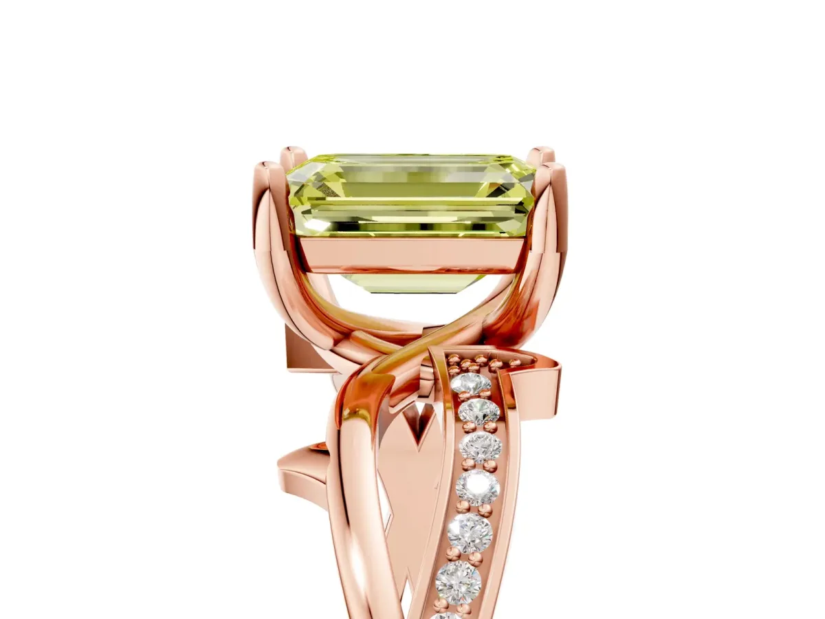 Fancy Yellow Emerald Cut Solitaire Twist Band with Pavé Accents and Four-Prong Setting Rose gold