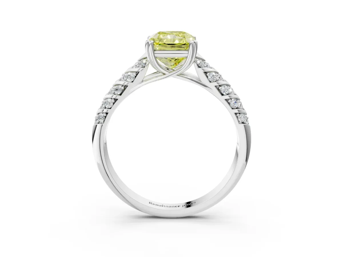 Fancy Yellow Radiant Cut Solitaire Chevron Pave Diamond Engagement Ring with Six-Prong Setting Platinum