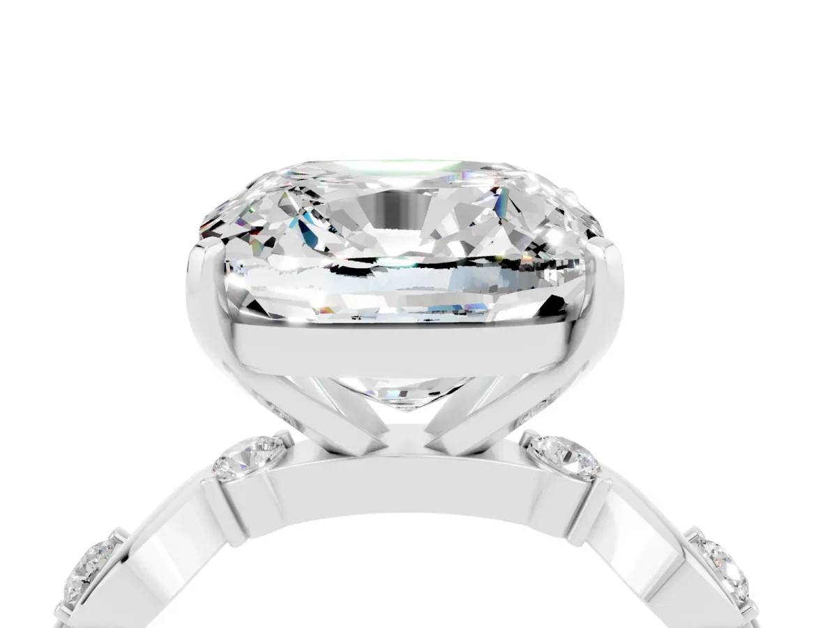 Cushion Cut Moissanite Solitaire Twisted Band with Round Accents and Prong Setting White gold