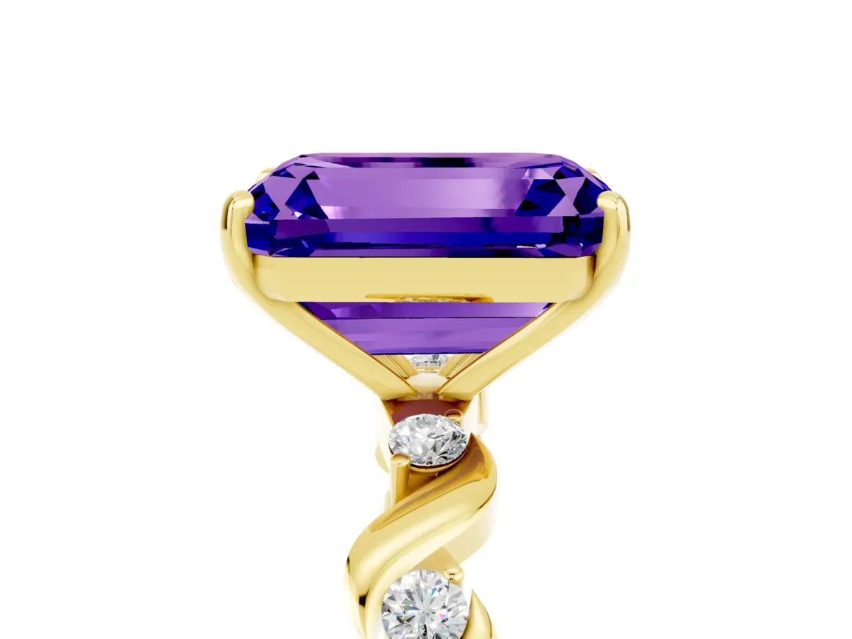 Emerald Cut Tanzanite Solitaire Twisted Band with Round Accents and Prong Setting Yellow gold