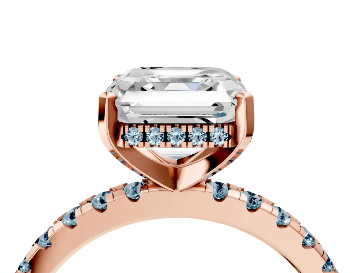 Asscher Cut Diamond Solitaire Ring with Round Aquamarine Pavé Band and Four-Prong Setting Rose gold