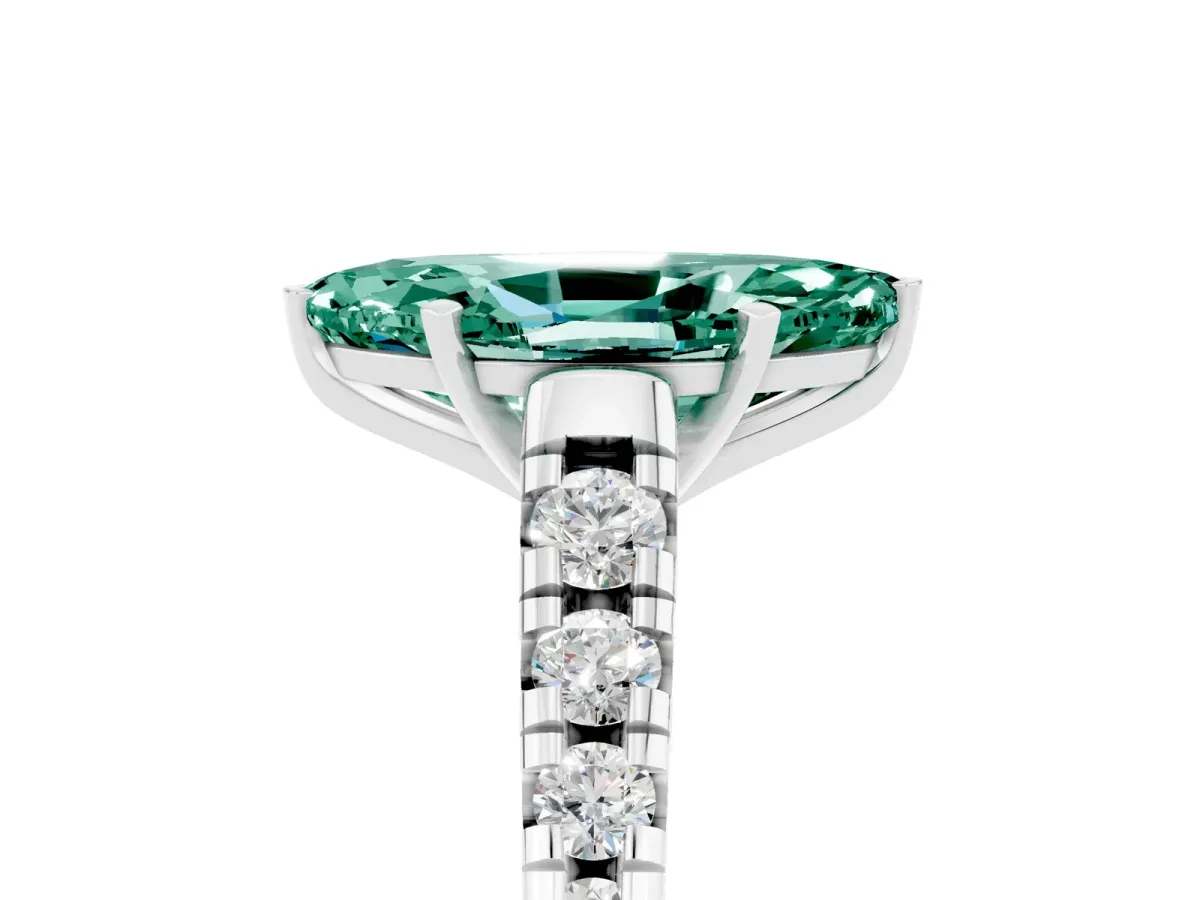 Marquise Cut Green Sapphire Cathedral Solitaire Ring with Round Pavé Band White gold