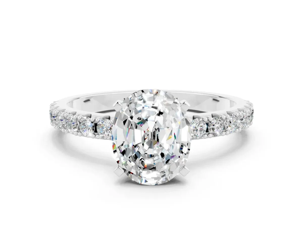 Oval Cut Moissanite Solitaire Pavé Band with Four-Prong Setting White gold