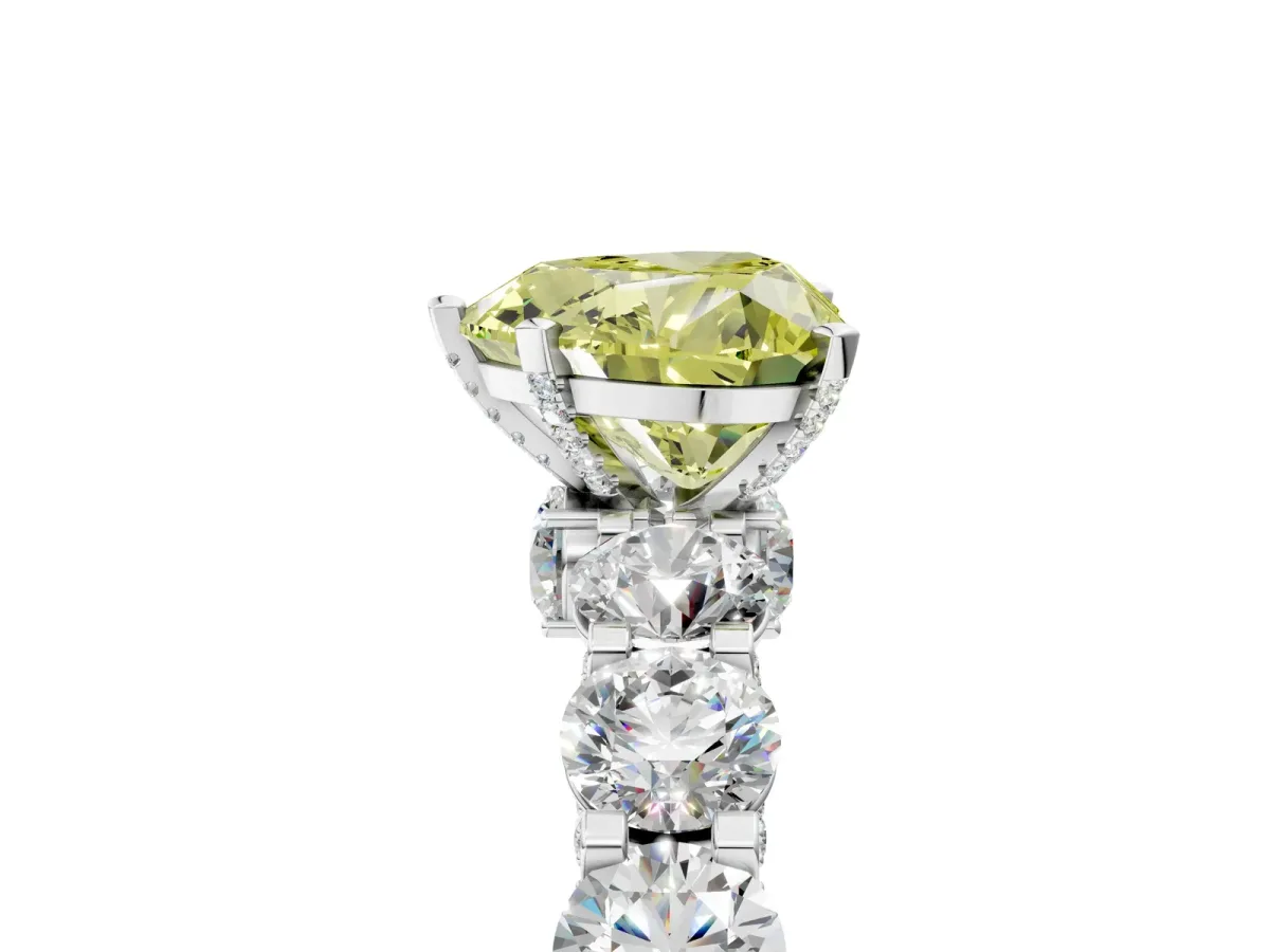 Fancy Yellow Heart Cut Diamond Side Stone Engagement Ring with Four-Prong Setting Platinum