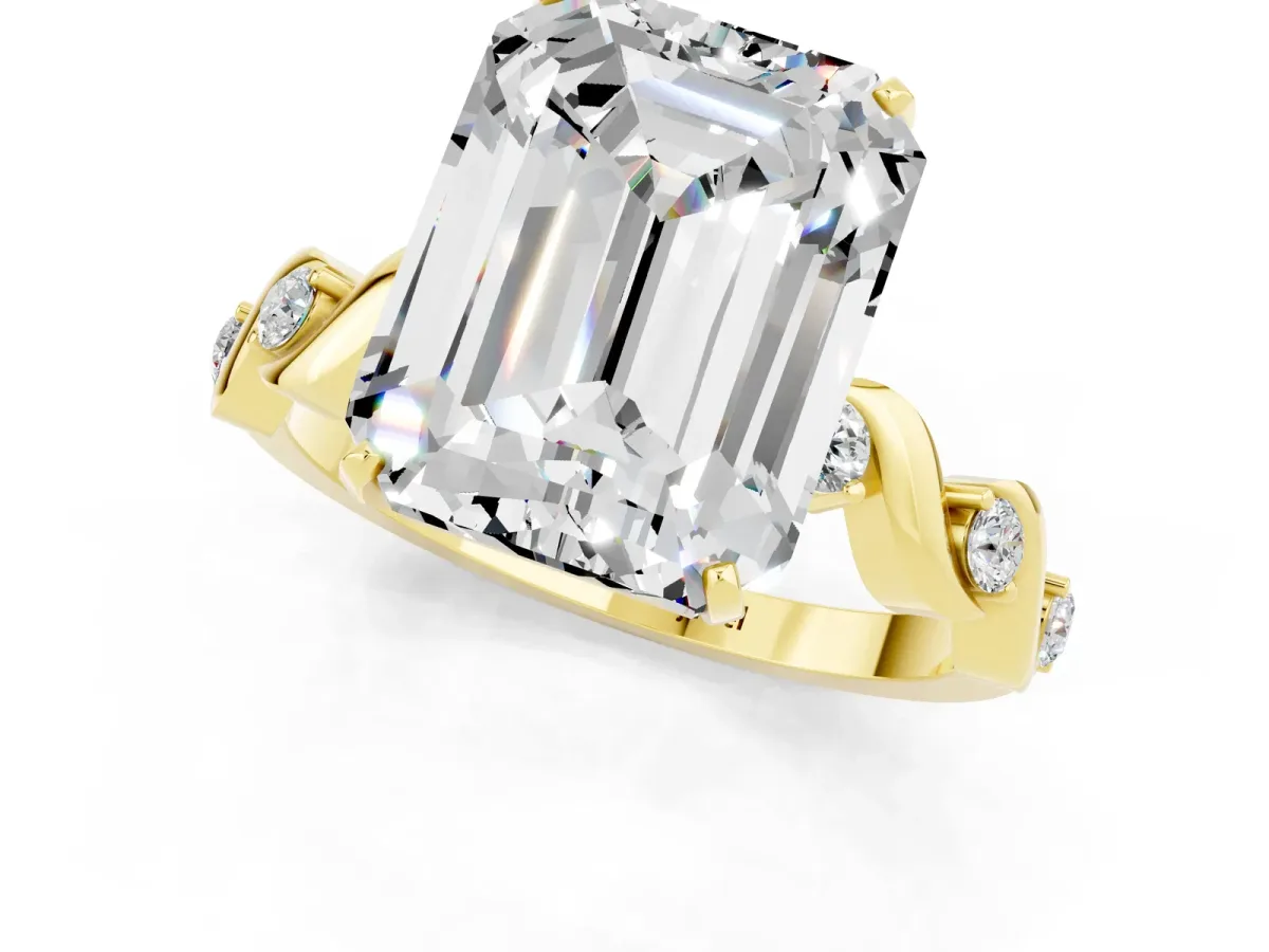 Emerald Cut Moissanite Solitaire Twisted Band with Round Accents and Prong Setting Yellow gold