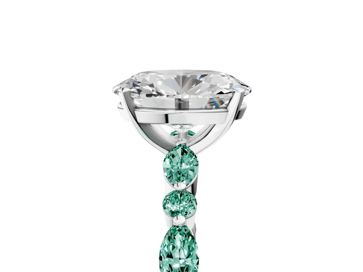 Oval Cut Diamond Ring with Marquise and Round Green Sapphire Side Stones and Four-Prong Setting White gold