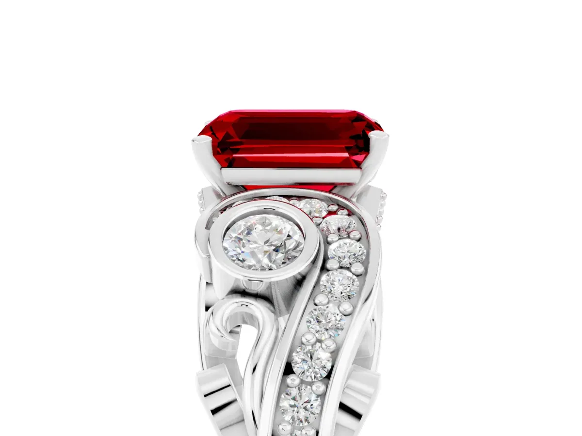 Emerald Cut Ruby Solitaire Ring with Milgrain Pavé Band and Four-Prong Setting Platinum