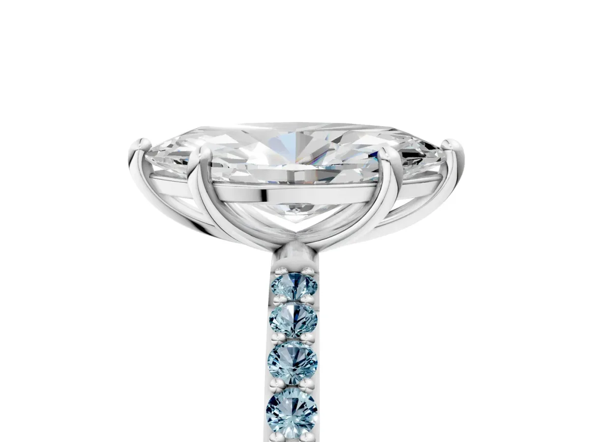 Marquise Cut Diamond Solitaire Ring with Round Aquamarine Pavé Band and Prong Setting White gold