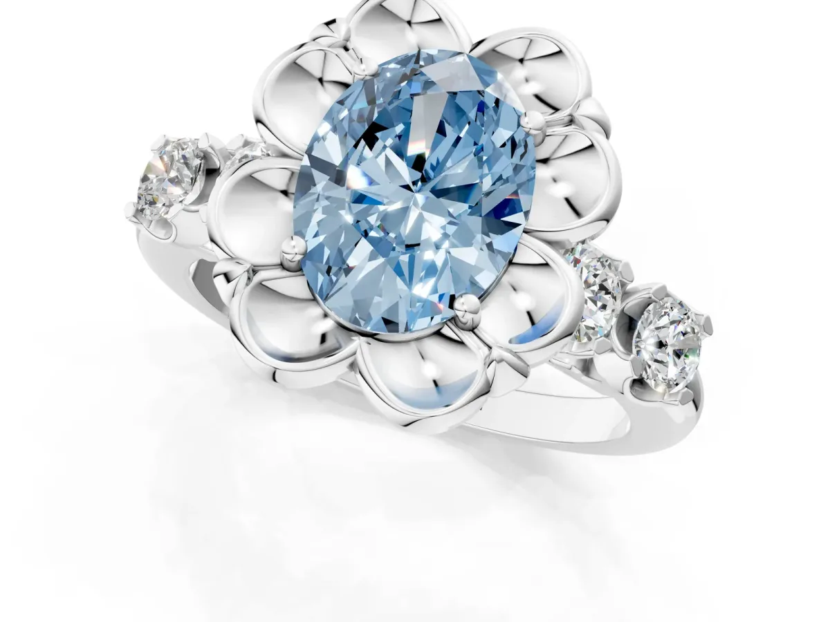 Fancy Blue Oval Cut Cut Diamond Floral Halo Engagement Ring with Shared Prong Setting Silver