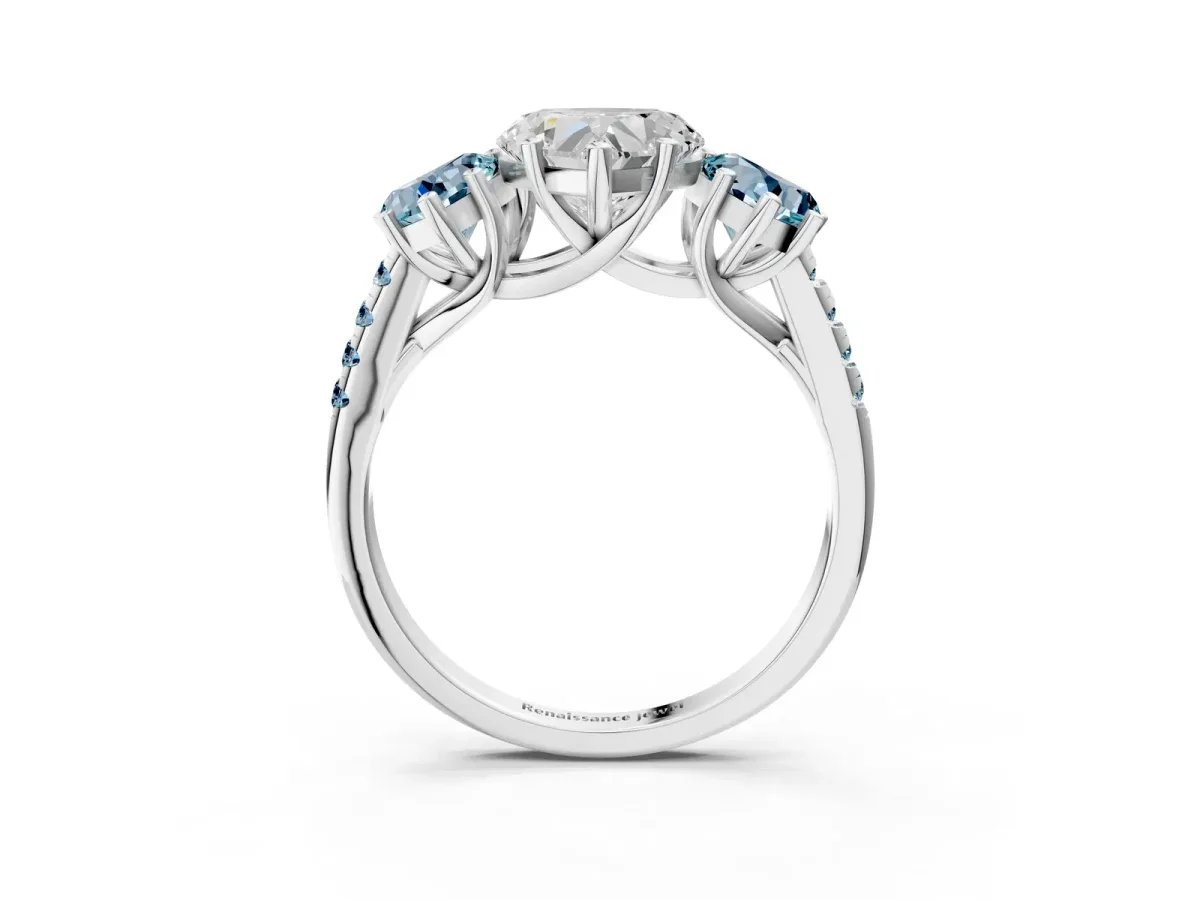 Three-Stone Heart Cut Diamond Ring with Round Aquamarine Pavé Band and Prong Setting White gold