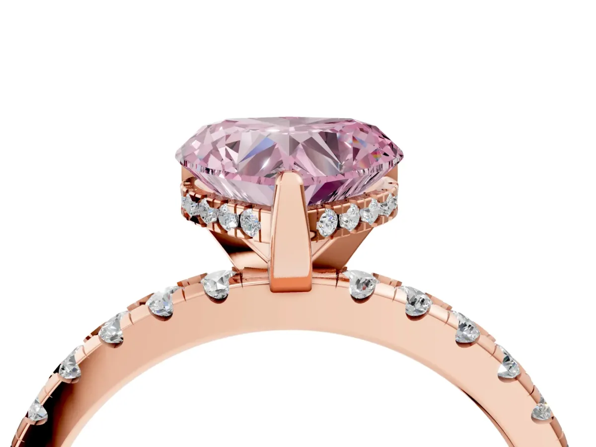 Fancy Pink Heart Cut Diamond Solitaire Ring with Round Pavé Band and Four-Prong Setting Rose gold