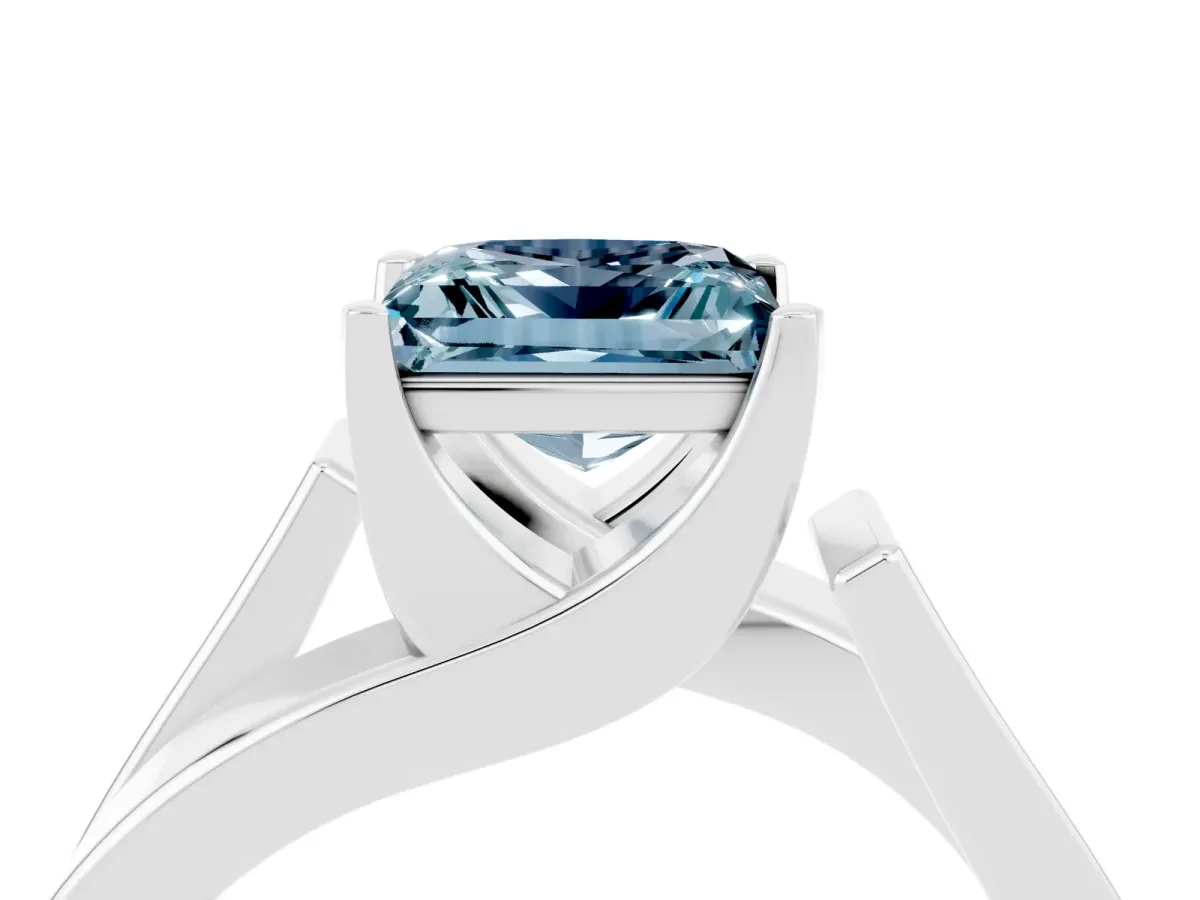Modern Tension Set Princess Cut Aquamarine Solitaire Wide Band Ring White gold