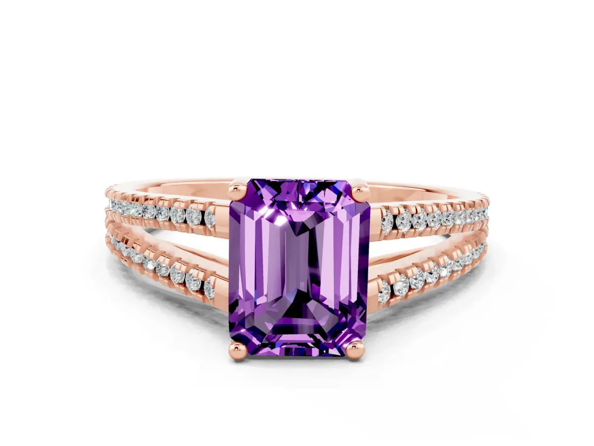 Emerald Cut Amethyst Solitaire Engagement Ring with Split Shank Pavé Band Rose gold