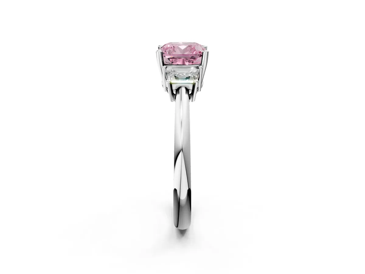 Fancy Pink Cushion Cut Diamond Three-Stone Ring with Trapezoid Side Stones and Prong Setting Silver