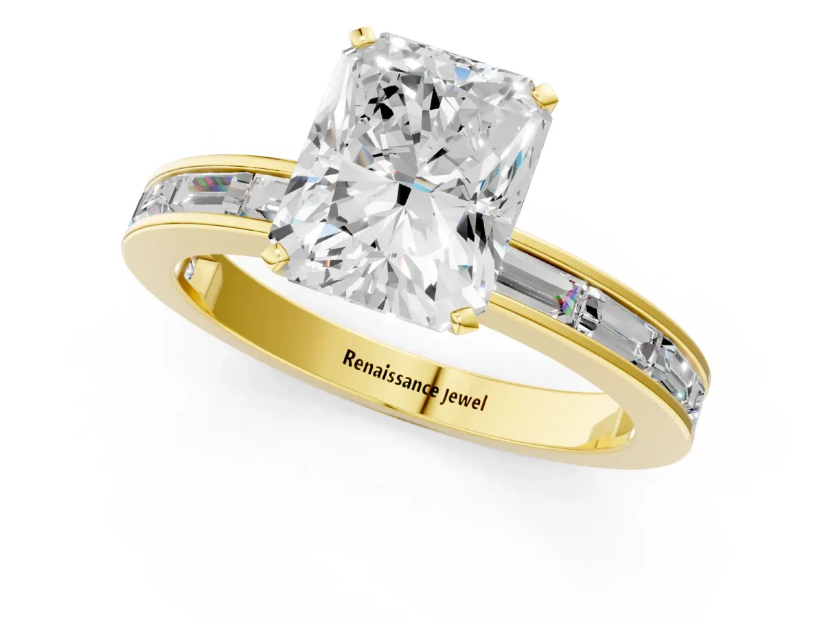 Radiant Cut Solitaire Diamond Ring with Channel-Set Baguette Band and Four-Prong Setting Yellow gold
