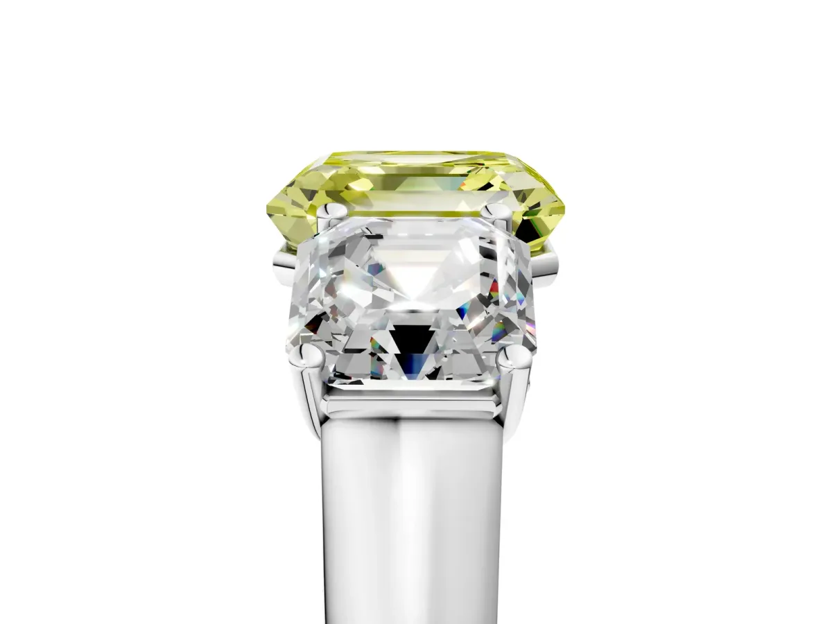 Fancy Yellow Asscher Cut Three-Stone Diamond Ring with Prong Setting on a Classic Band Platinum