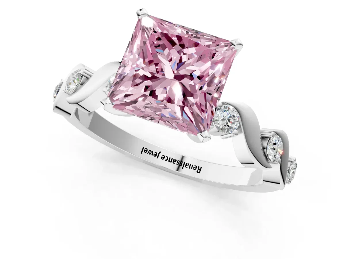 Fancy Pink Princess Cut Diamond Solitaire Twisted Band with Round Accents and Prong Setting White gold