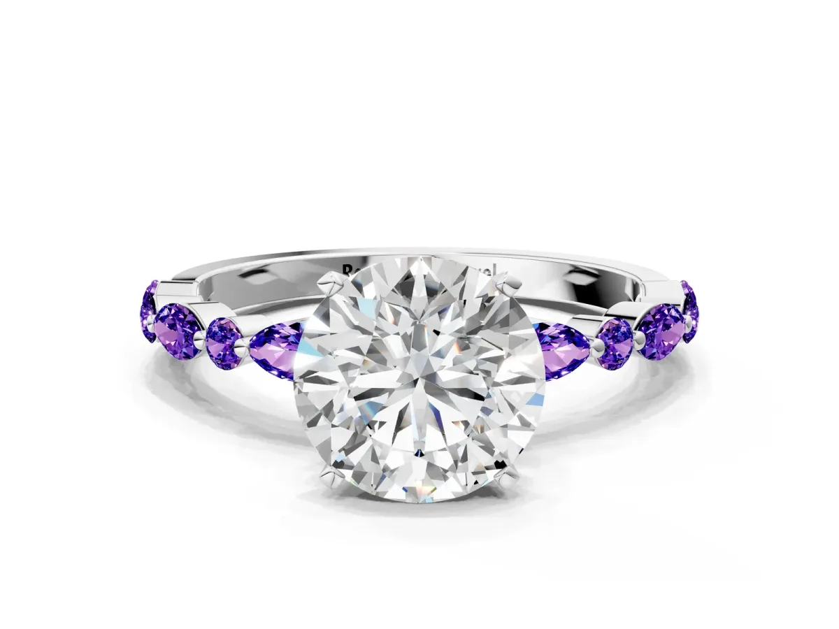 Round Cut Diamond Ring with Marquise and Round Tanzanite Side Stones and Four-Prong Setting White gold