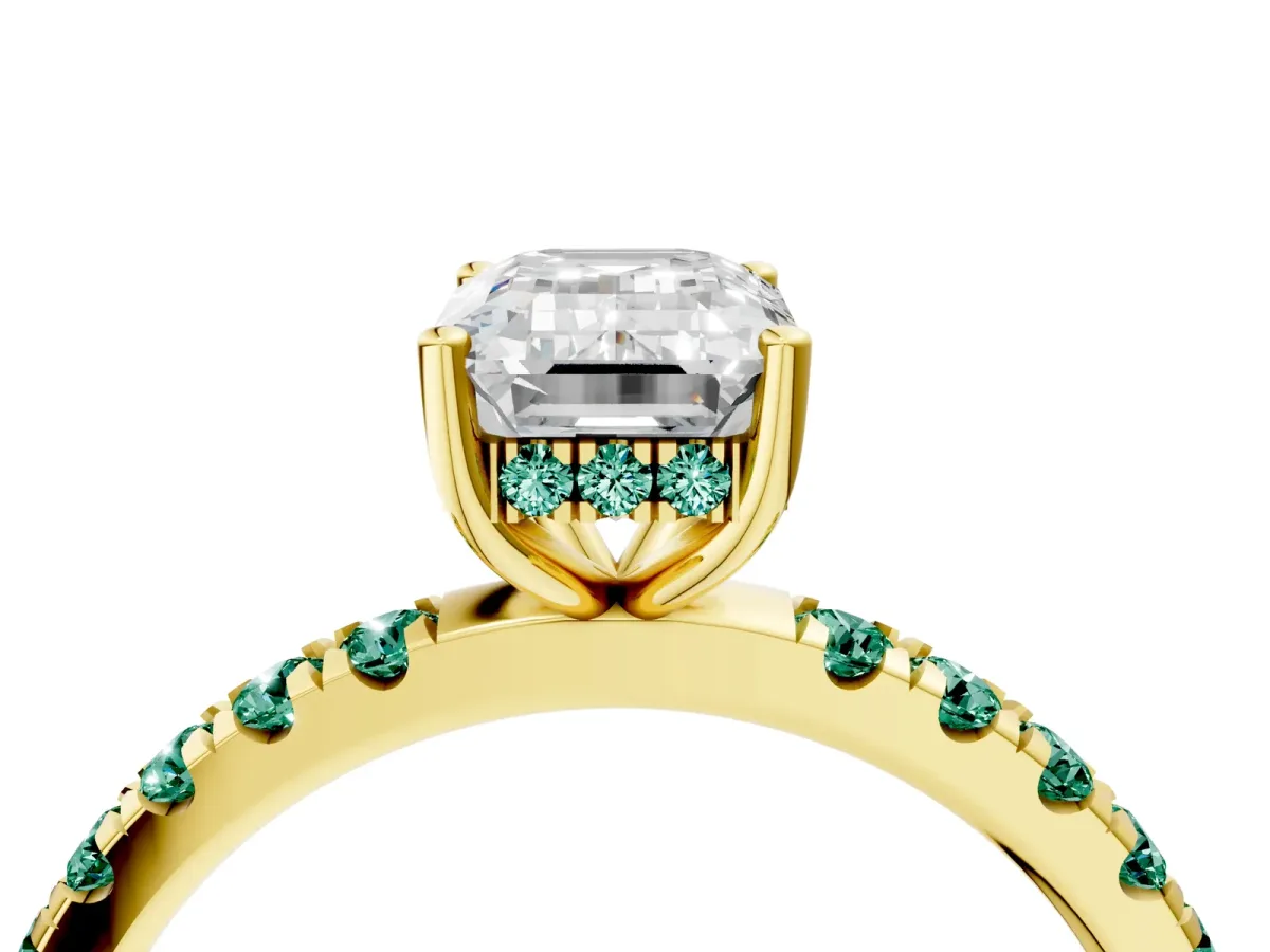 Emerald Cut Diamond Pave Band Solitaire Ring with Round Green Sapphire and Prong Setting Yellow gold