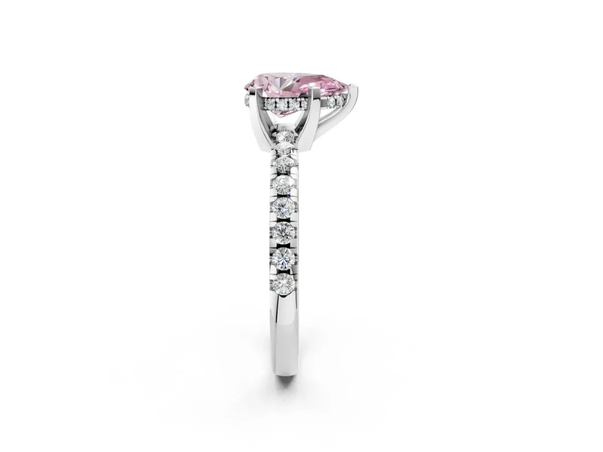 Fancy Pink Pear Cut Diamond Solitaire Ring with Round Pavé Band and Four-Prong Setting Silver