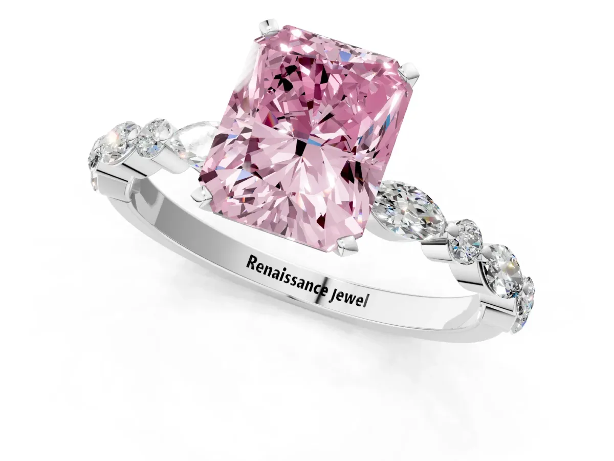 Fancy Pink Radiant Cut Diamond Ring with Marquise and Round Side Stones and Four-Prong Setting White gold