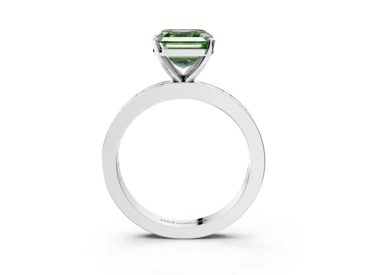 Fancy Green Asscher Cut Solitaire Diamond Ring with Channel-Set Baguette Band and Four-Prong Setting White gold