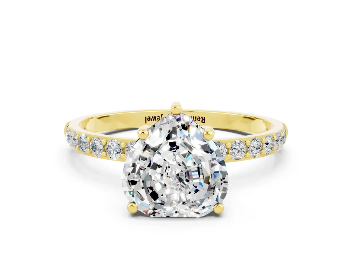 Heart Cut Moissanite Solitaire Ring with Round Pavé Band and Prong Setting Yellow gold