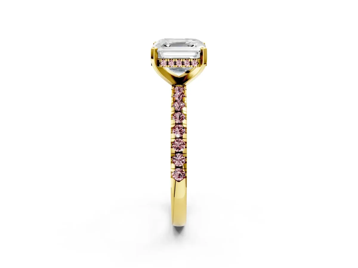 Asscher Cut Diamond Solitaire Ring with Round Morganite Pavé Band and Four-Prong Setting Yellow gold