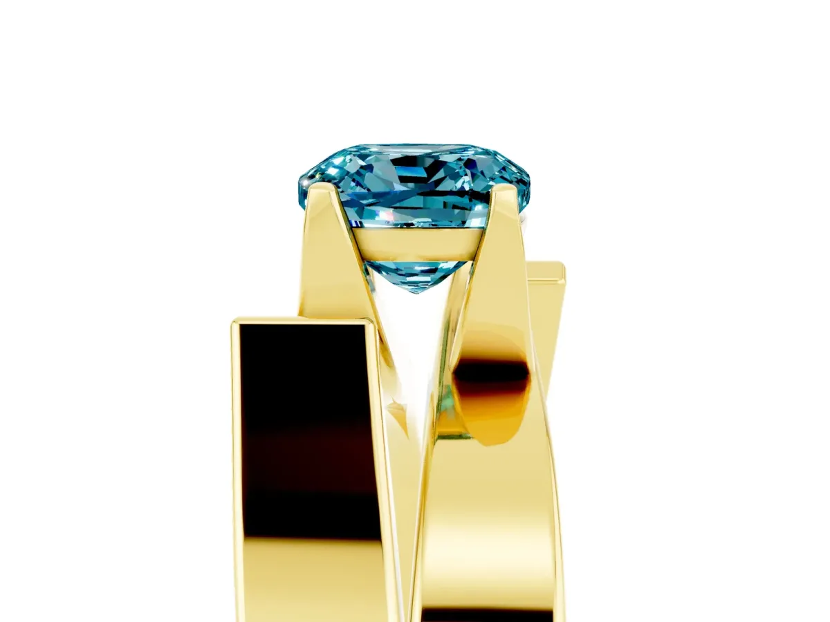 Modern Tension Set Cushion Cut Blue Topaz Solitaire Wide Band Ring Yellow gold