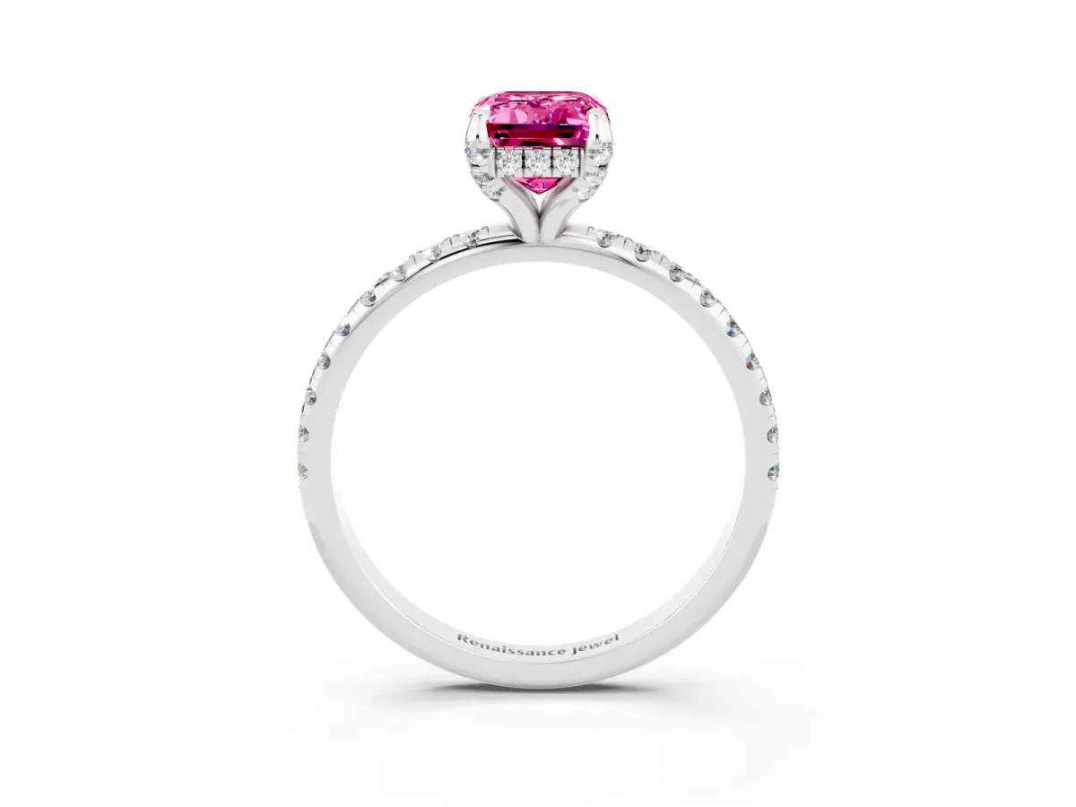 Emerald Cut Pink Sapphire Hidden Halo Engagement Ring with Round Pavé Band and Prong Setting Silver