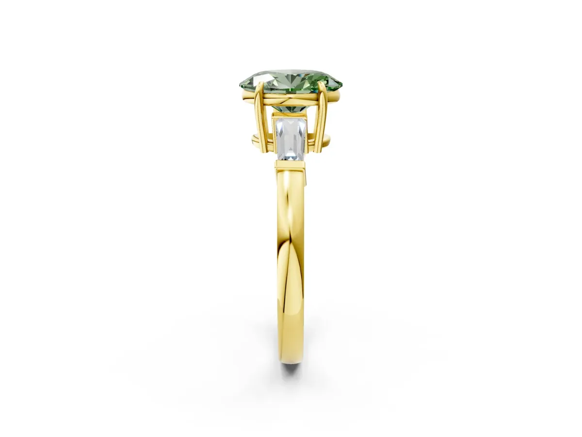 Fancy Green Oval Cut Diamond Three-Stone Ring with Tapered Baguette Side Stones and Prong Setting Yellow gold