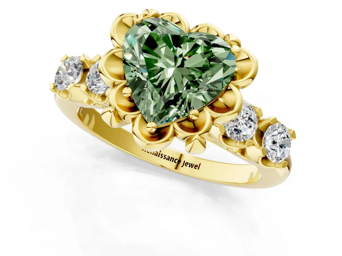 Fancy Green Heart Cut Cut Diamond Floral Halo Engagement Ring with Shared Prong Setting Yellow gold