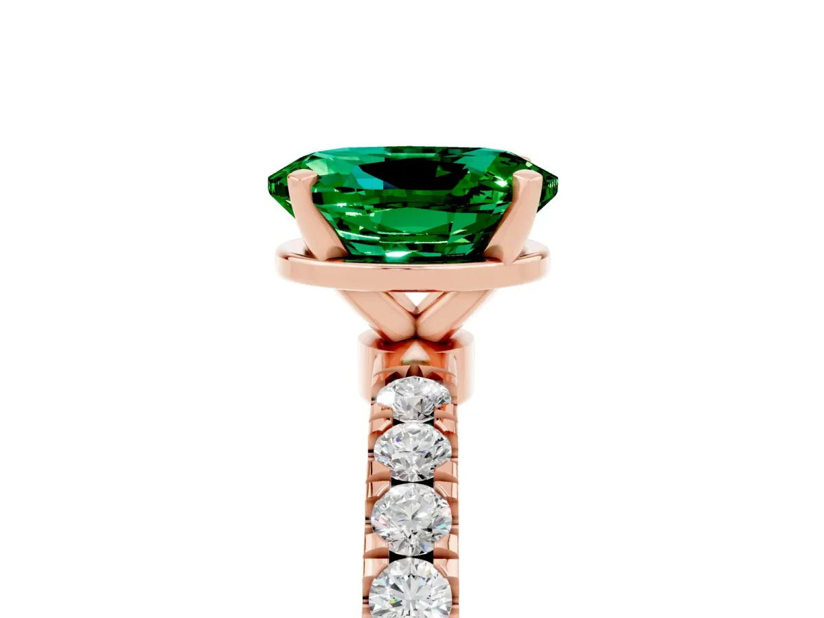 Oval Cut Emerald Solitaire Ring with Pavé Accents and Four-Prong Setting Rose gold