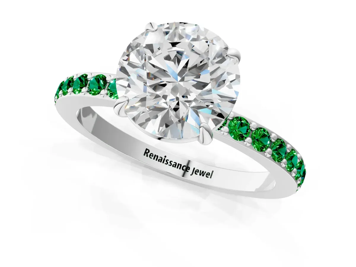 Round Cut Diamond Pavé Engagement Ring with Round Tanzanite Accents and Prong Setting White gold