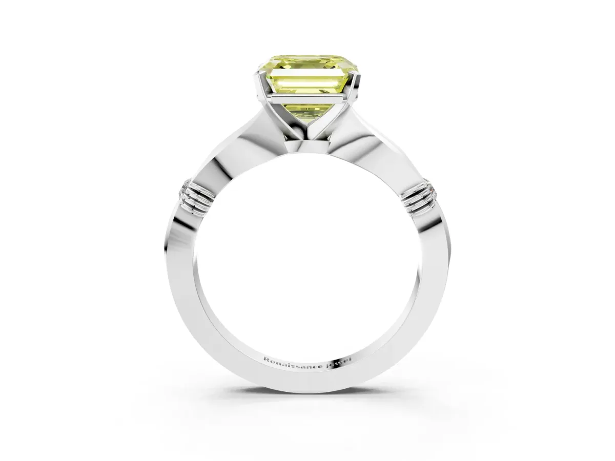 Fancy Yellow Asscher Cut Solitaire Diamond Twisted Band with Four-Prong Setting Platinum