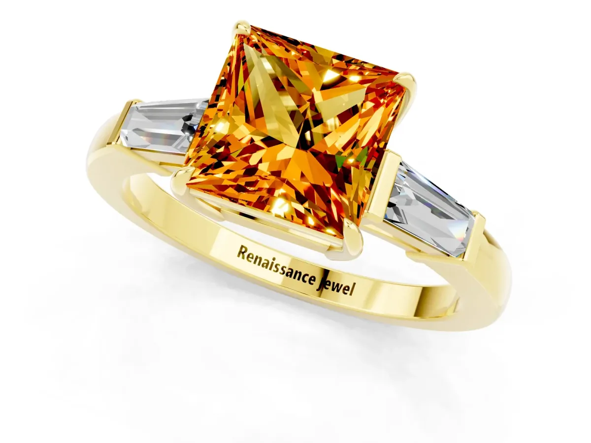 Princess Cut Citrine Three-Stone Ring with Tapered Baguette Side Stones and Prong Setting Yellow gold