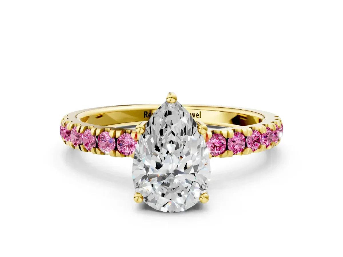 Pear Cut Diamond Pave Band Solitaire Ring with Round Pink Sapphire and Prong Setting Yellow gold
