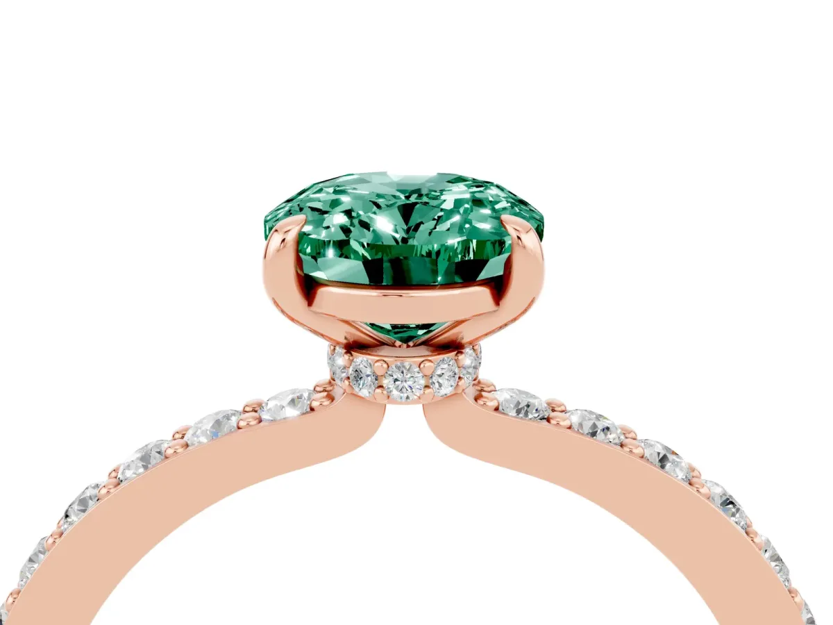 Oval Cut Green Sapphire Solitaire Engagement Ring with Pavé Band and Four-Prong Setting Rose gold