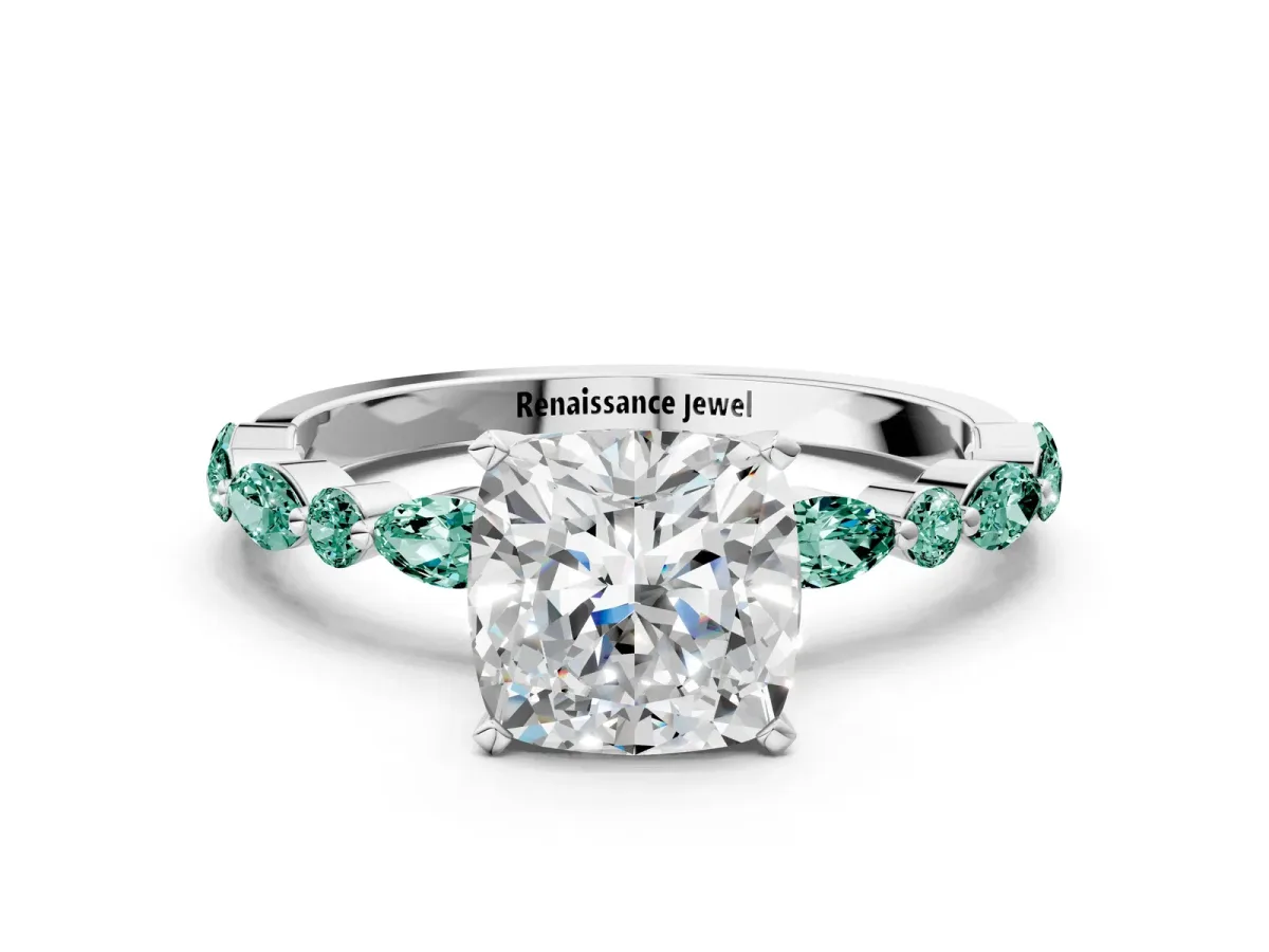 Cushion Cut Diamond Ring with Marquise and Round Green Sapphire Side Stones and Four-Prong Setting Platinum