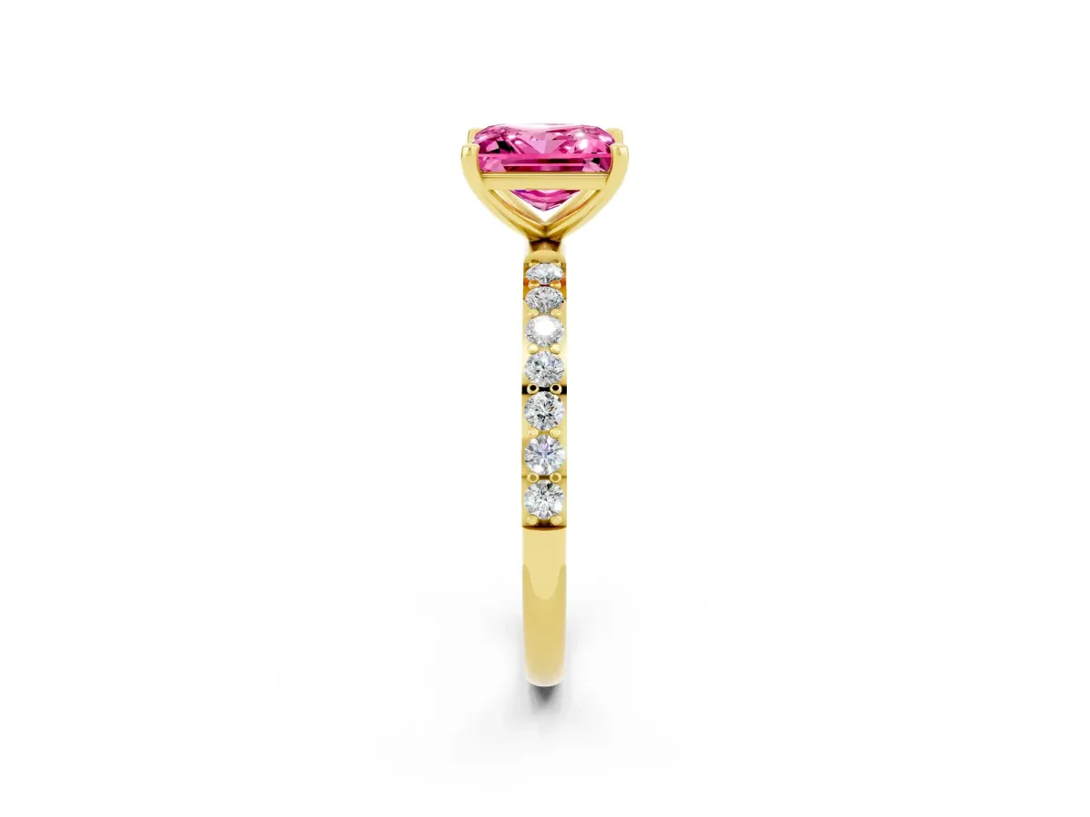 Princess Cut Pink Sapphire Solitaire Ring with Round Pavé Band and Prong Setting Yellow gold