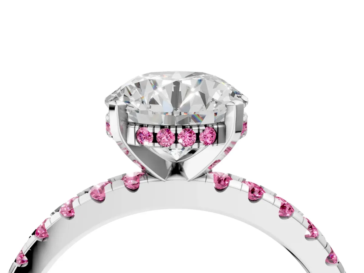 Round Cut Diamond Solitaire Ring with Round Pink Sapphire Pavé Band and Four-Prong Setting White gold