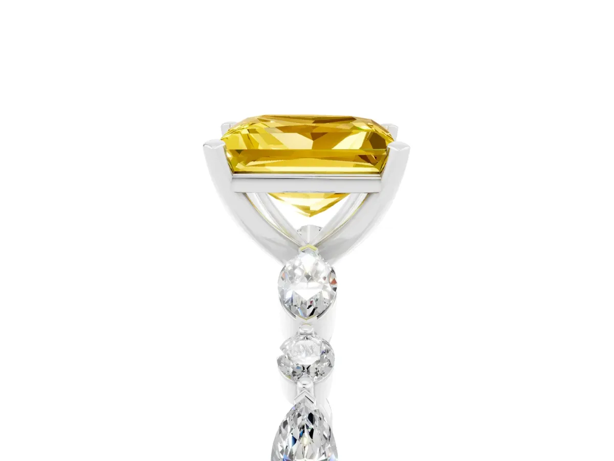 Princess Cut Yellow Sapphire Ring with Marquise and Round Side Stones and Four-Prong Setting Platinum