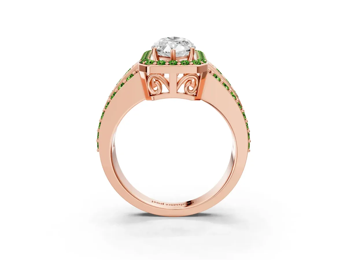Marquise Cut Halo Diamond Ring with Round Peridot Split Shank and Prong Setting Rose gold