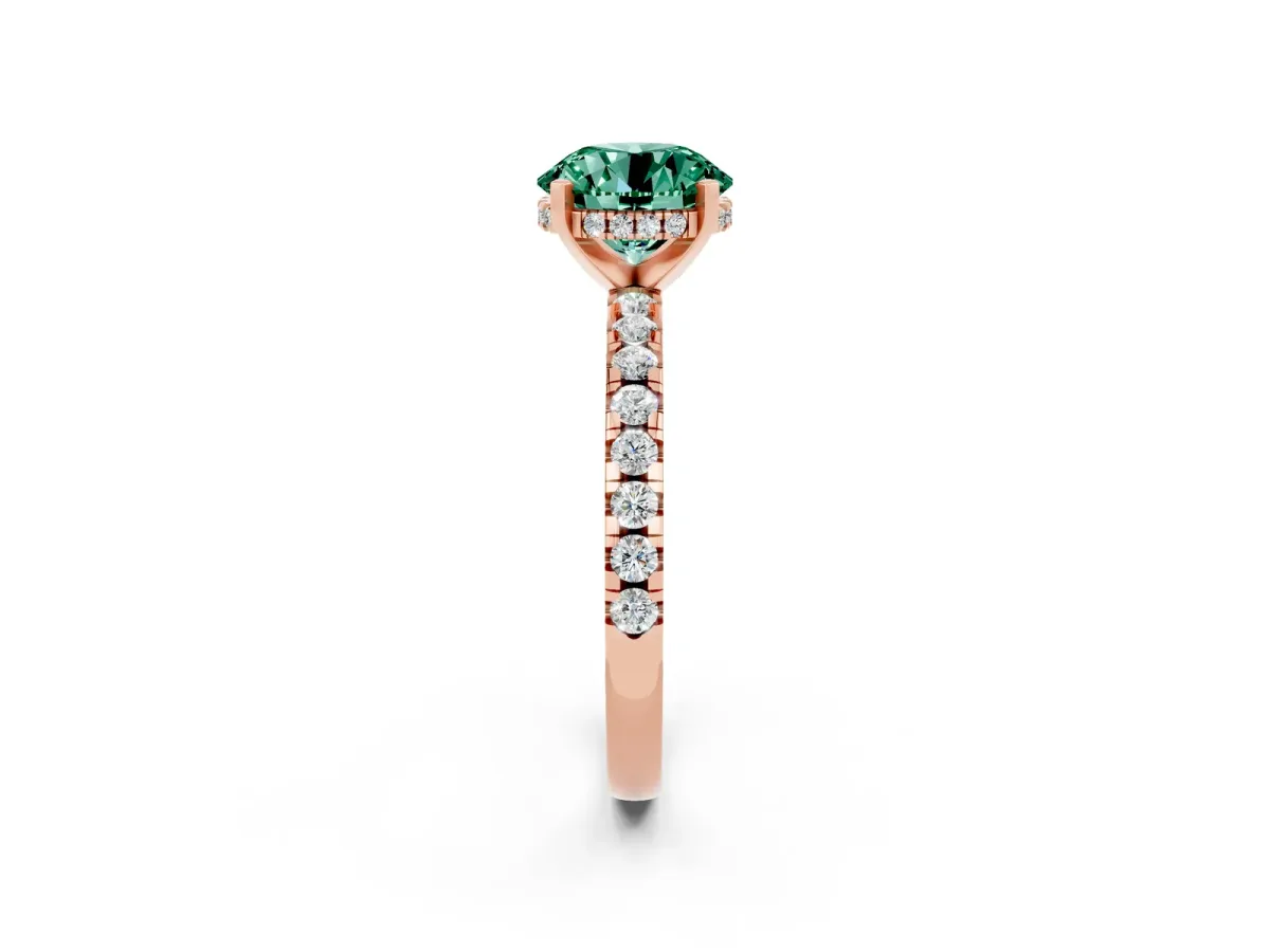 Round Cut Green Sapphire Solitaire Ring with Round Pavé Band and Four-Prong Setting Rose gold
