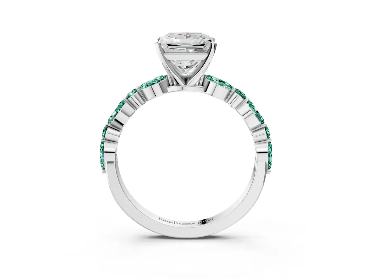 Princess Cut Diamond Ring with Marquise and Round Green Sapphire Side Stones and Four-Prong Setting Platinum