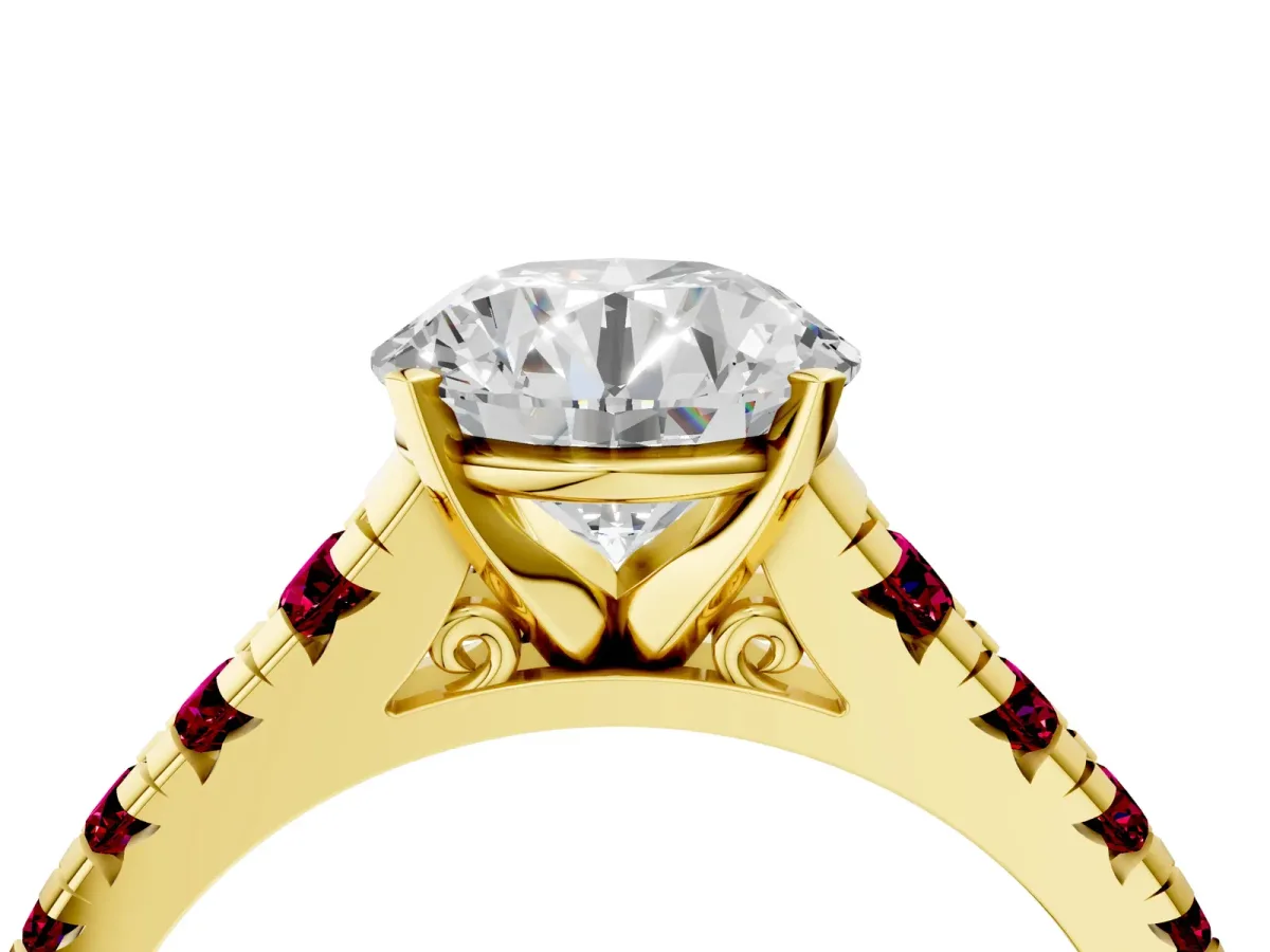 Round Cut Diamond Cathedral Solitaire Ring with Round Garnet Pavé Band Yellow gold