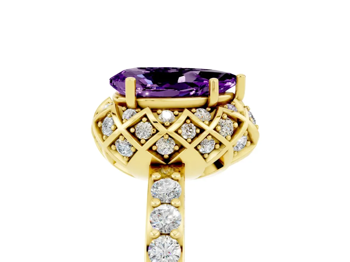 Pear Cut Amethyst Scalloped Halo Engagement Ring with Round Shared Prong Band Yellow gold