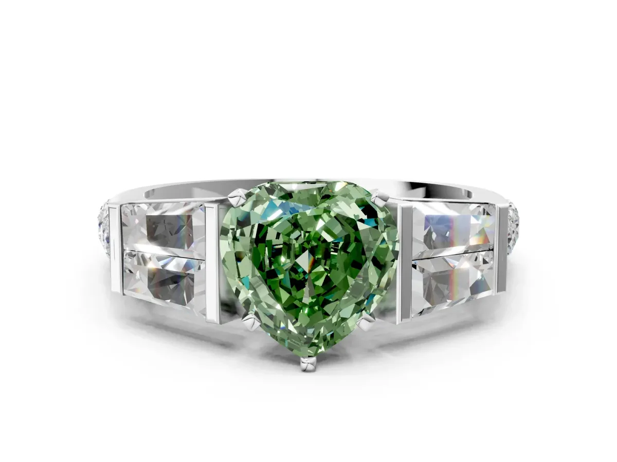 Fancy Green Heart Cut Diamond Engagement Ring with Baguette Side Stones and Channel Set Band Platinum