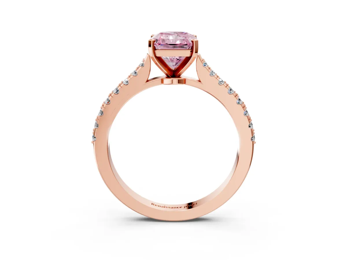 Fancy Pink Radiant Cut Cut Solitaire Diamond Engagement Ring with Pave Band and Four-Prong Setting Rose gold